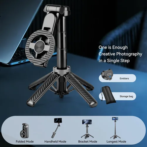 Miniatura 8 de Trípode magnético multifuncional 4 en 1, palo selfie portátil para iPhone y Android con control remoto desmontable y anillo de metal, trípode