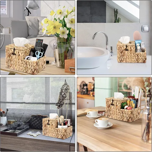 Miniatura 6 de Sumnacon Cubierta de caja de pañuelos cuadrada tejida - Soporte de caja de pañuelos decorativo de mimbre con organizador lateral, soporte de Natural