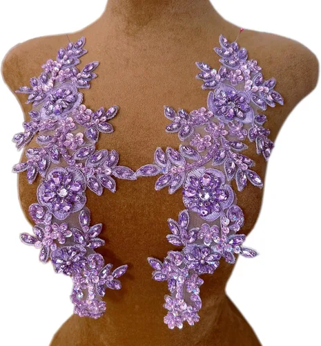 Miniatura 13 de 1 par de decoraciones de vestido de novia de 5.1 x 13.4 in, parches de encaje para coser con cuentas de diamantes de imitación sueltas, piedras
