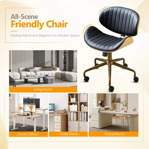 Miniatura 8 de VINGLI Silla giratoria de oficina en casa amplia y cómoda con carcasa curvada de grano de madera, silla de escritorio ergonómica acolchada sin negro