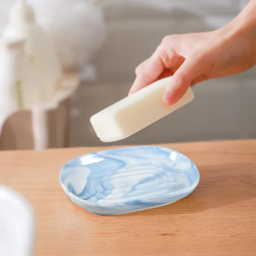 Miniatura 4 de Jabonera de cerámica hecha a mano, jabonera decorativa con texturas únicas de mármol, soporte antideslizante para barra de jabón para baño y cocina