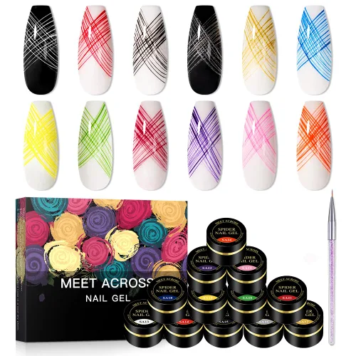 Miniatura 9 de Gel de araña luminoso de 12 colores, gel de araña que brilla en la oscuridad para arte de uñas, gel de dibujo de alambre elástico para línea