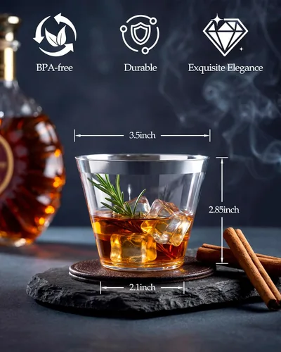 Miniatura 2 de Nervure 120 vasos de plástico plateados, vasos de plástico con borde plateado de 9 onzas, vaso de plástico resistente con borde plateado, perfecto