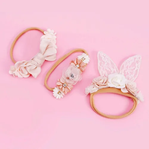 Miniatura 7 de cherrboll Juego de 3 diademas florales para bebé niña, súper suaves y elásticas, de nailon con orejas de conejo, diademas florales, regalo de Pascua