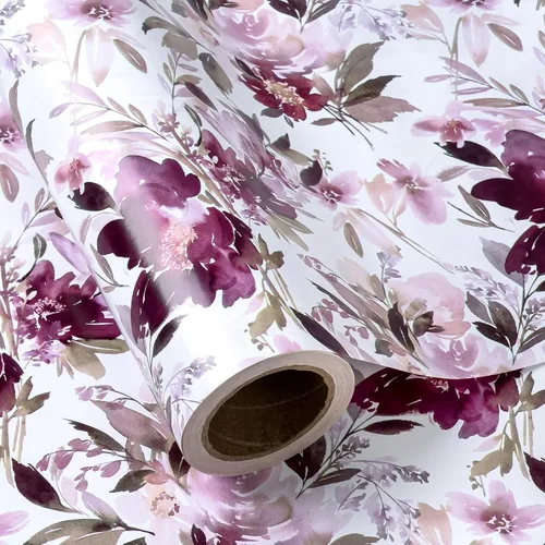 Miniatura 2 de WRAPAHOLIC Papel de regalo floral reversible, mini rollo, 17 pulgadas x 33 pies, diseño floral morado para bodas, cumpleaños, día de San Valentín