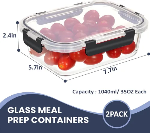 Miniatura 2 de HOTEC Recipiente de vidrio de almacenamiento de alimentos de 35 onzas, recipientes herméticos de vidrio para almuerzo y frutas con tapas, apto