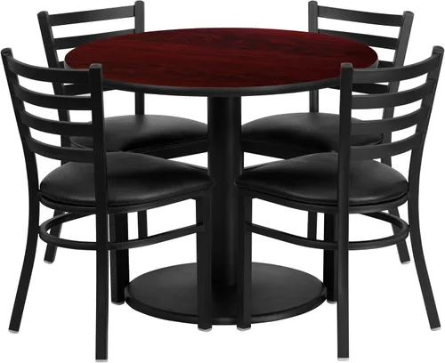 Miniatura 6 de Flash Furniture Juego de mesa redonda laminada negra de 36 pulgadas con base redonda y 4 sillas de metal con respaldo de escalera, asiento de vinilo