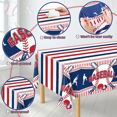 Miniatura 4 de Miucat Mantel de béisbol de 3 piezas, mantel de mesa y decoración de fiesta, mantel de plástico desechable, rectangular para juegos de béisbol