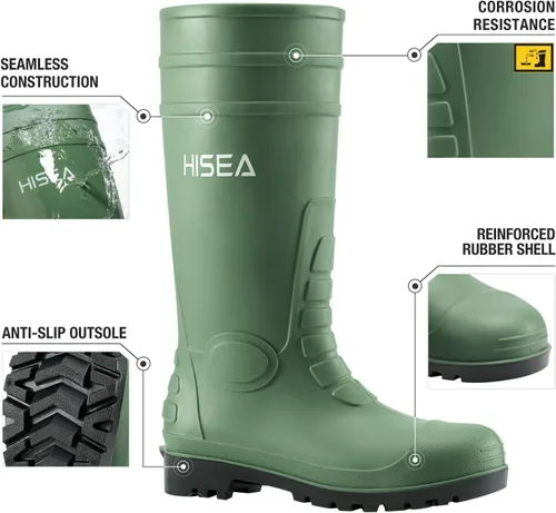 Miniatura 2 de HISEA Botas de lluvia para hombre con vástago de acero, calzado protector de goma impermeable, botas de lluvia de PVC sin costuras, botas de trabajo