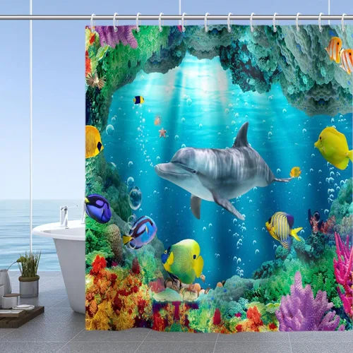 Miniatura 24 de Yeele Cortina de ducha con diseño de delfín, diseño de animales submarinos, tropical, con temática de vida silvestre, océano, azul, para baño