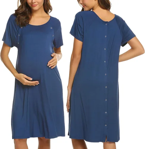 Ekouaer - Camisón con botones y manga corta para mujer, vestido para lactancia, parto, hospital y maternidad, tallas S-XXL