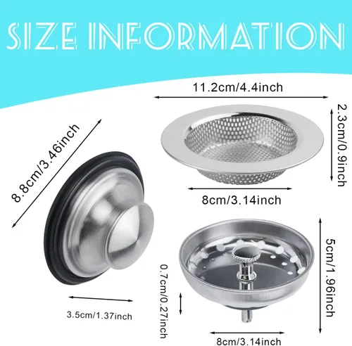 Miniatura 3 de 3 piezas de tapón para fregadero de cocina, 3 en 1 colador de cesta de fregadero de cocina, tapón universal antiobstrucción de acero inoxidable