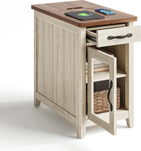 Miniatura 9 de LINSY HOME Juego de 2 mesas auxiliares con estación de carga, mesa auxiliar moderna de estilo granja para sofá, mesa de noche de madera para sala