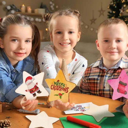 Miniatura 7 de IMIKEYA 50 piezas de estrellas de madera sin terminar: recortes de estrellas de madera natural para niños, pintura DIY, chips de madera, recortes