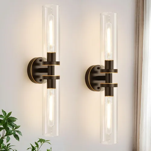 Miniatura 16 de Juego de 2 apliques de pared, apliques de baño de níquel cepillado cableados con vidrio transparente, apliques modernos para decoración de pared