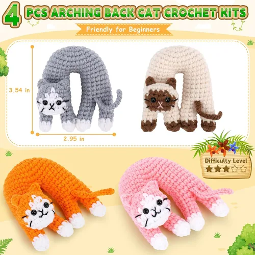 Miniatura 4 de Fortuning's JDS Kit de ganchillo para principiantes, paquete de 4 divertidos kits de ganchillo para gatos, kit de ganchillo para principiantes