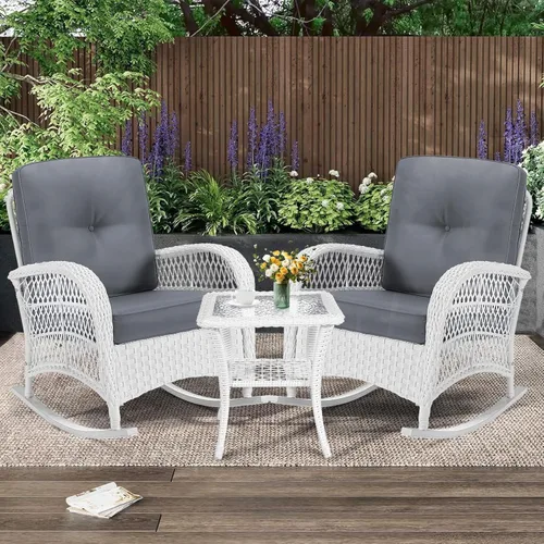 Miniatura 21 de MEETWARM Mecedora de mimbre para exteriores, sillas mecedoras de ratán para patio con cojines y respaldo alto, silla de mimbre para patio para todo