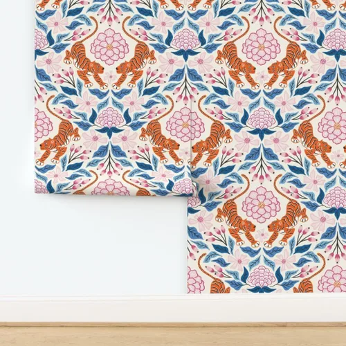 Miniatura 4 de Papel tapiz autoadhesivo para despegar y pegar, Maximalist Tropical Jungle Damasco, exótico, botánico, floral, tigre, rosa, azul, papel tapiz