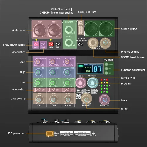 Miniatura 8 de XR-4 Negro Mezclador DJ Profesional de 4 Canales con DSP Integrado 99 Sonidos + Bluetooth 5.0 USB Grabación Karaoke Rendimiento en Vivo Diseño