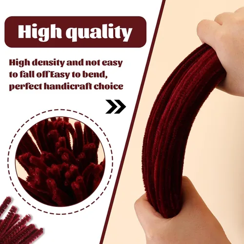 Miniatura 3 de Giwrmu 100 Piezas Limpiadores de Pipa Tallo de Chenilla, Limpiadores de Pipa Color Rojo Vino para Manualidades, Palitos Difusos Suministros de Vino