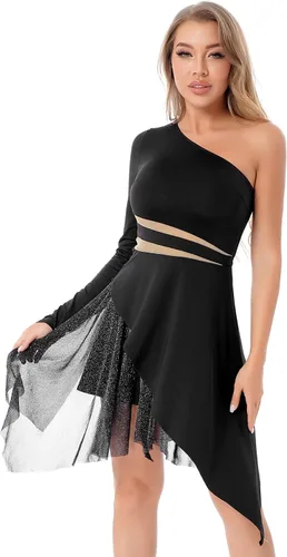 Miniatura 2 de JEATHA Vestido de baile latino asimétrico de manga larga para mujer, con un solo hombro