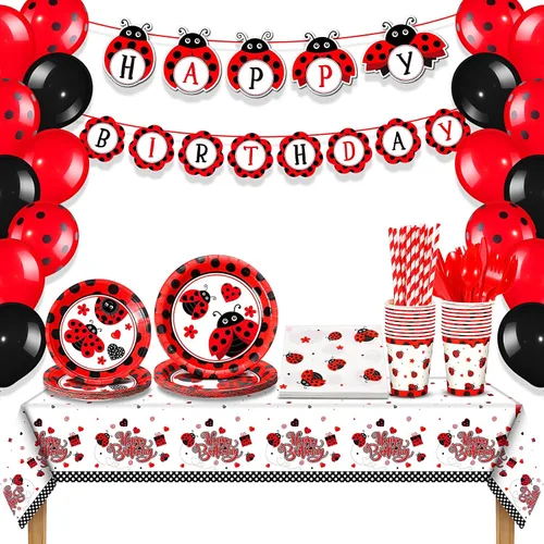Sumind Juego de 200 decoraciones de fiesta de cumpleaños con temática de mariquita, suministros para fiestas temáticas de mariquita, vajilla de