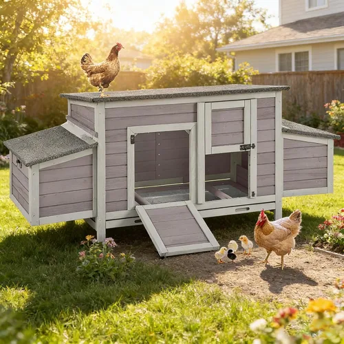 Miniatura 10 de Aivituvin Gallinero para 4-6 pollos/patos, gallinero de madera para exteriores, jaula grande para gallineros con dos cajas anidables (gris, AIR45)