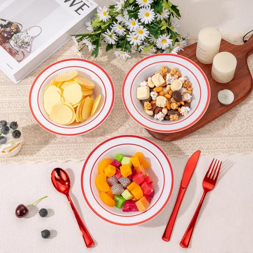 Miniatura 4 de Goodluck Paquete de 50 cuencos de plástico con borde rojo, cuencos de sopa desechables de 12 onzas, cuencos de postre resistentes para bodas
