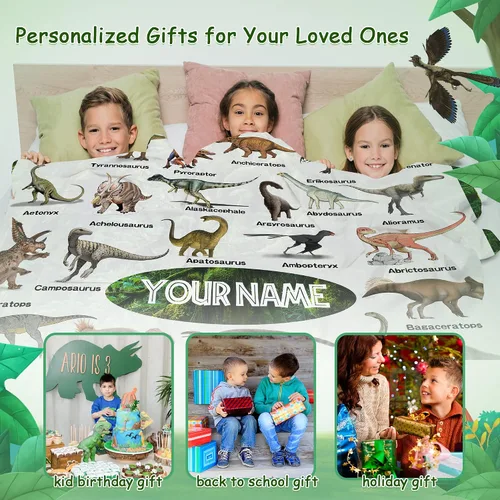 Miniatura 6 de Manta personalizada de dinosaurio para niños, mantas de regalo de dinosaurios jurásicos para niños, manta personalizada con nombre, manta