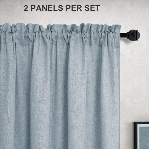 Miniatura 4 de Cortinas azules de 38 pulgadas de ancho para ventanas pequeñas, juego de 2 paneles de mezcla de lino semitransparentes con bolsillo para barra, Azul