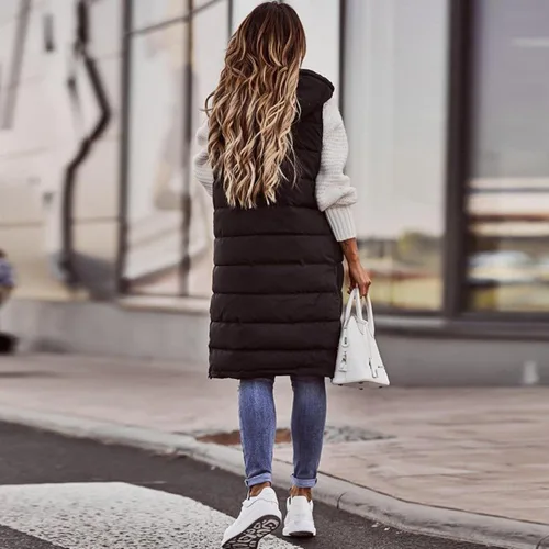 Miniatura 10 de Chaleco largo para mujer, sin mangas, acolchado, con cremallera, capucha, abrigo de invierno cálido, ligero, con bolsillos