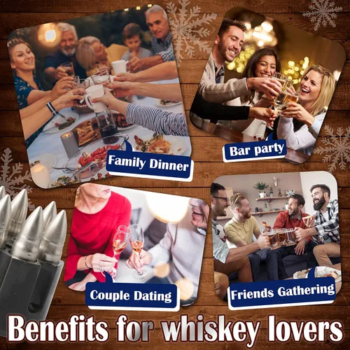 Miniatura 5 de Juego de piedras de whisky plateadas, regalos para hombres, papá, marido, cubo de hielo reutilizable para beber, juego de cóctel de whisky escocés
