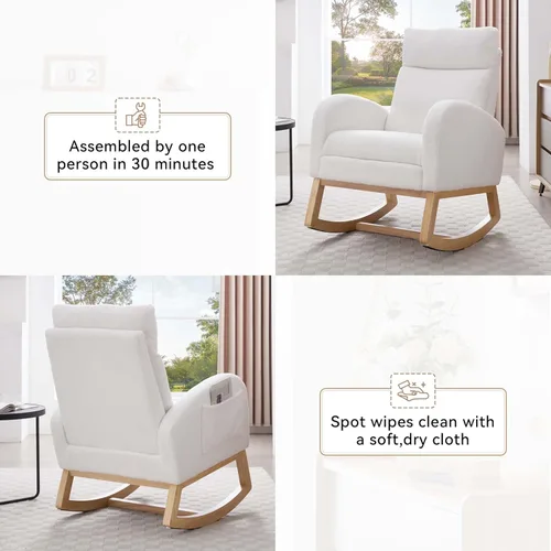 Miniatura 7 de Mecedora de lactancia de 40 pulgadas, sillas de guardería con reposapiés ajustable, respaldo alto, sillón tapizado con bolsillos laterales, mecedora