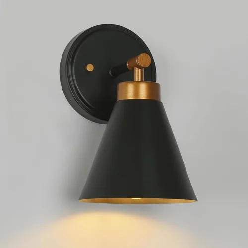 Miniatura 9 de Aplique de pared, 1 aplique de pared negro y dorado, lámpara moderna de pared de granja con pantalla de metal para dormitorio, sala de estar