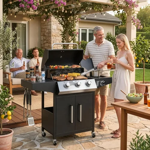 Miniatura 7 de Bonnlo - Parrilla de gas propano de 3 quemadores con quemador lateral y rejillas esmaltadas en porcelana, parrilla de gas de 46000BTU con estante