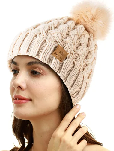 Miniatura 2 de PAGE ONE Womens Winter Ribbed Beanie Crossed Cap Chunky Cable Knit Pompom Soft Warm Hat
