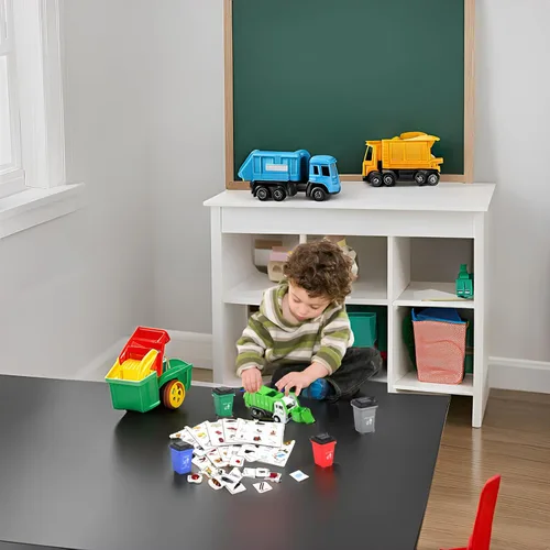Miniatura 2 de FIVEDAOGANG Pequeño juego de juguetes de camión de basura alimentado por fricción, incluye contenedor de carga frontal, 4 cubos de basura y tarjetas