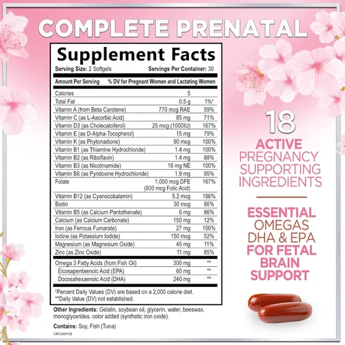 Miniatura 2 de Vitaminas prenatales para mujeres con ácido fólico + Omega 3 DHA para apoyo al desarrollo fetal - Suplemento vitamínico prenatal para mamá y bebé