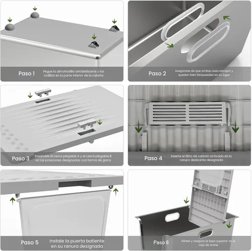Miniatura 7 de Caja de arena de acero inoxidable con tapa, caja de arena para gatos con puerta, lados altos de 14.5 pulgadas, bandeja de arena de metal XL