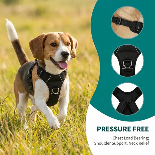 Miniatura 4 de Arnés sin tirones para perro, con 2 clips para correa, chaleco Oxford reflectante ajustable para mascotas con asa de fácil control para perros Negro