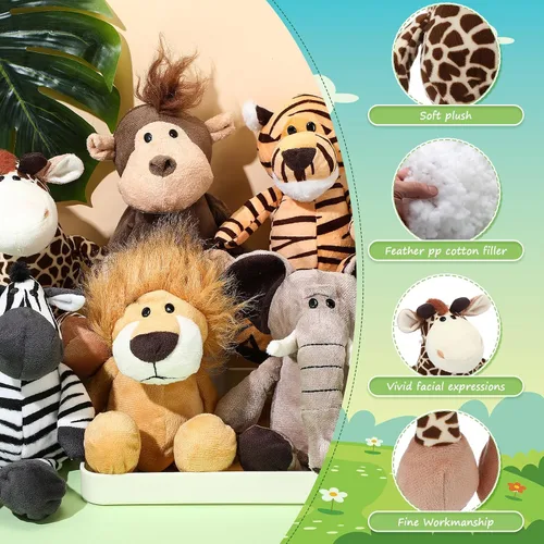 Miniatura 3 de HyDren Juego de 12 animales de peluche de safari de 8 pulgadas, animales de la selva, para niños y niñas, animales del bosque de felpa, león