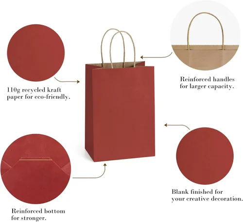 Miniatura 5 de BagDream Bolsas de regalo pequeñas, 25 bolsas de papel rojo de 5.25 x 3 x 8 pulgadas con asas, bolsas de papel kraft para regalos pequeños