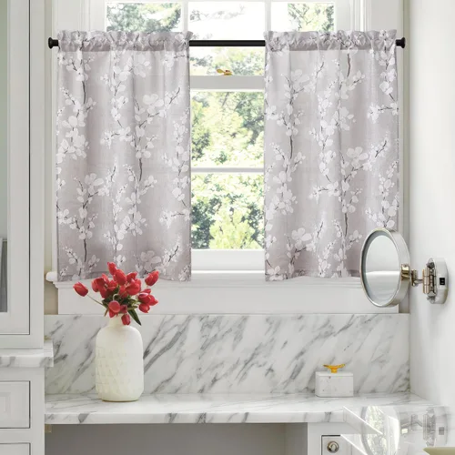 Miniatura 25 de FMFUNCTEX Cortinas de Nivel de Cocina Verde y Blanco de 24 Pulgadas de Largo con Estampado de Flores, Cortinas de Media Ventana para Baño