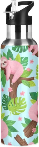Insulated Water Bottle 32 Oz, Leakproof Water Bottles for Gym Outdoor Travel School, Cute Pink Sloths Green Leaves