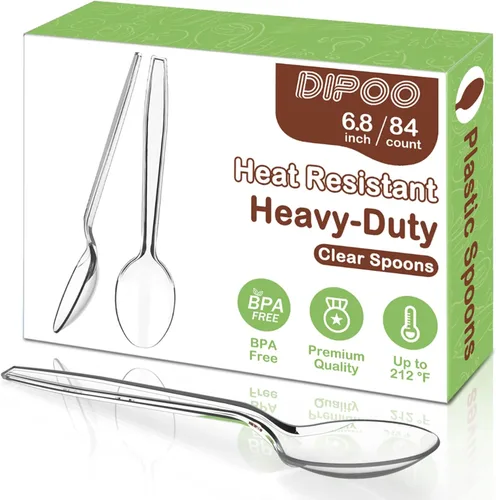Dipoo 6.8" Cucharas de plástico transparente resistentes con resistencia al calor y libres de BPA, cubiertos de plástico sólidos y duraderos,