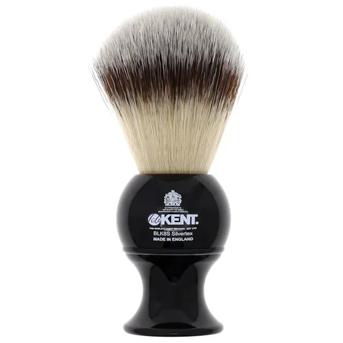 Kent BLK8S Brocha de afeitar con cerdas sintéticas de texto plateado ultrasuaves y mango de resina negra para usar con crema de afeitar o jabón para