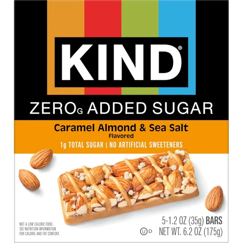 Miniatura 5 de KIND ZERO Barras sin azúcar añadida, caramelo, almendras y sal marina, aperitivos aptos para keto, libres de gluten, con 5g de proteína, 5