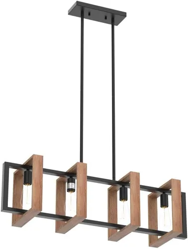 Miniatura 4 de Lámpara colgante de comedor de granja, para isla de cocina, rústica, 4 luces, madera y metal negro, lámpara rectangular para colgar en el techo