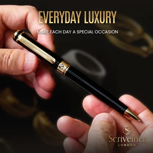 Miniatura 5 de Bolígrafo laqueado en negro Scriveiner - Impresionante pluma de lujo, chapado en oro real, repuesto Schmidt de tinta negra, el mejor juego de regalo