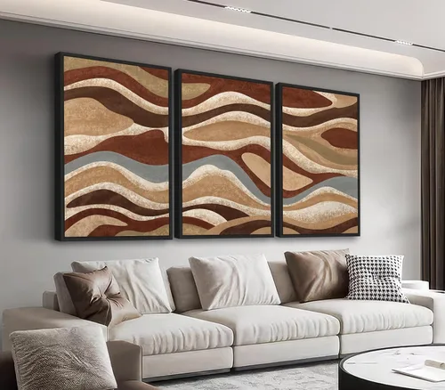 Arte de pared abstracto enmarcado grande - Decoración de pared de cordillera marrón, pintura de 20"x28", juego de 3 impresiones modernas, cuadros de